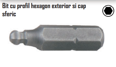 Bit cu profil hexagon exterior si cap sferic