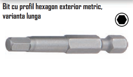 Bit cu profil hexagon exterior metric, varianta lunga